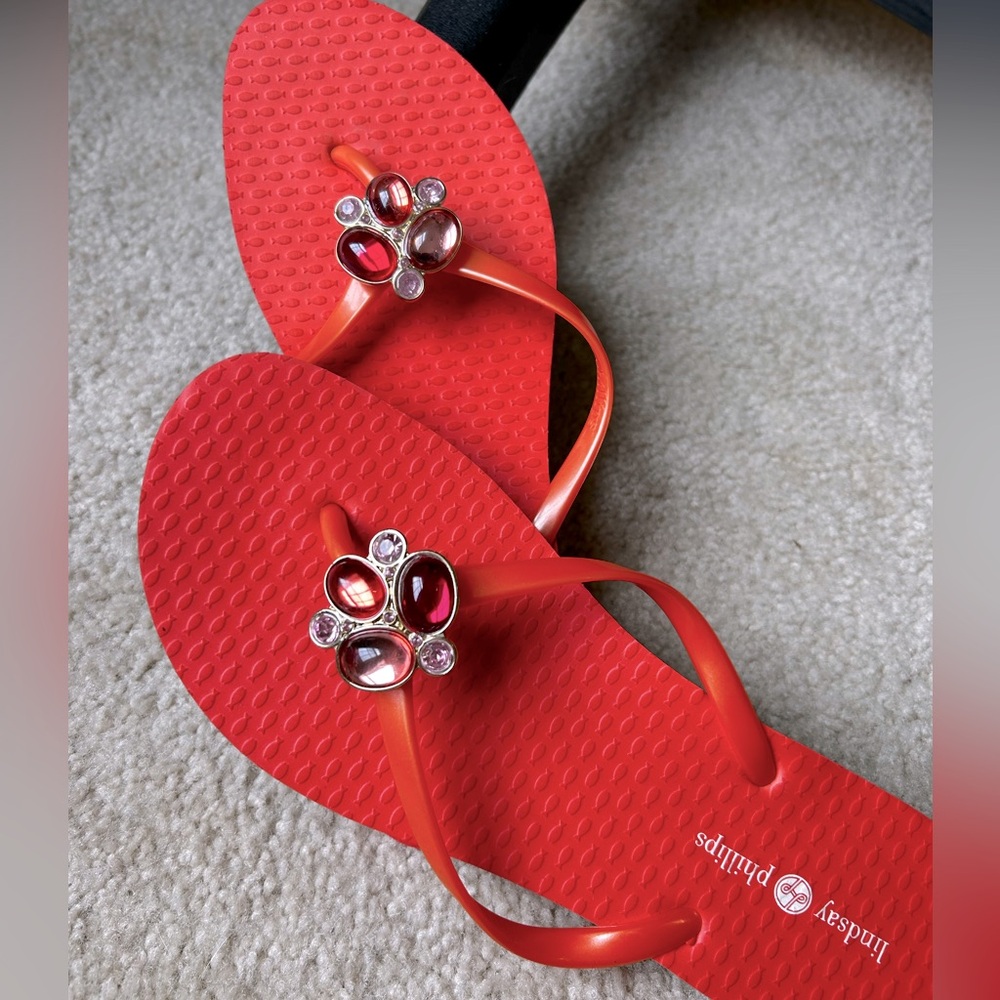 Brand new Lindsay Phillips size 9 coral/orange jeweled flip flops